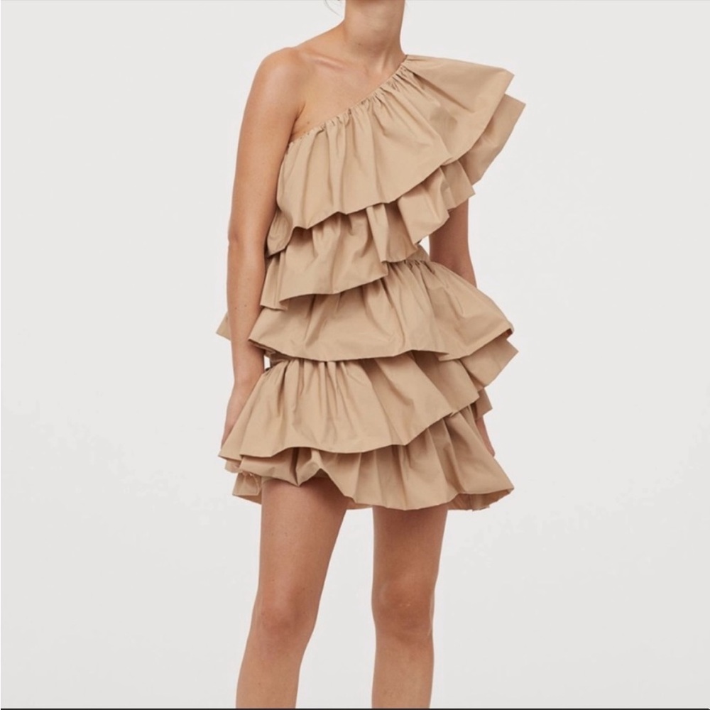 H&M One-Shoulder Ruffle Dress in Tan